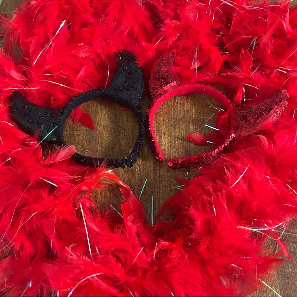 Halloween Red Feather Boa + Red & Black Pair of Sequin Headbands Costume Bundle